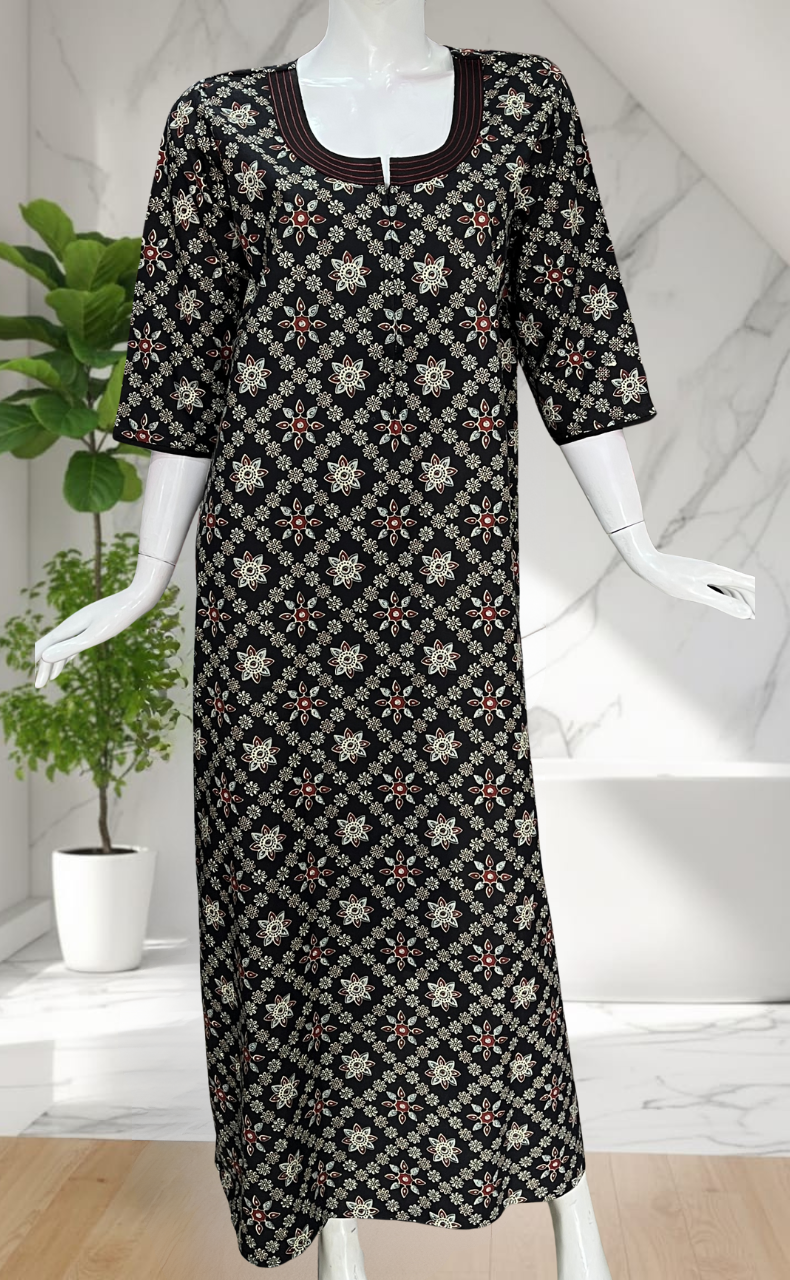 Black Floral Motifs Pure Cotton Long Sleeve Nighty. Pure Durable Cotton | Laces and Frills