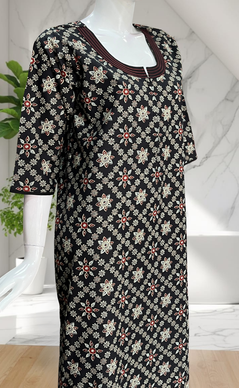 Black Floral Motifs Pure Cotton Long Sleeve Nighty. Pure Durable Cotton | Laces and Frills