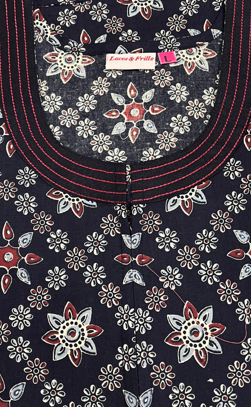 Black Floral Motifs Pure Cotton Long Sleeve Nighty. Pure Durable Cotton | Laces and Frills