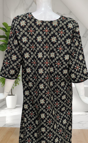 Black Floral Motifs Pure Cotton Long Sleeve Nighty. Pure Durable Cotton | Laces and Frills