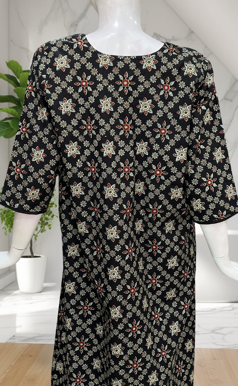Black Floral Motifs Pure Cotton Long Sleeve Nighty. Pure Durable Cotton | Laces and Frills