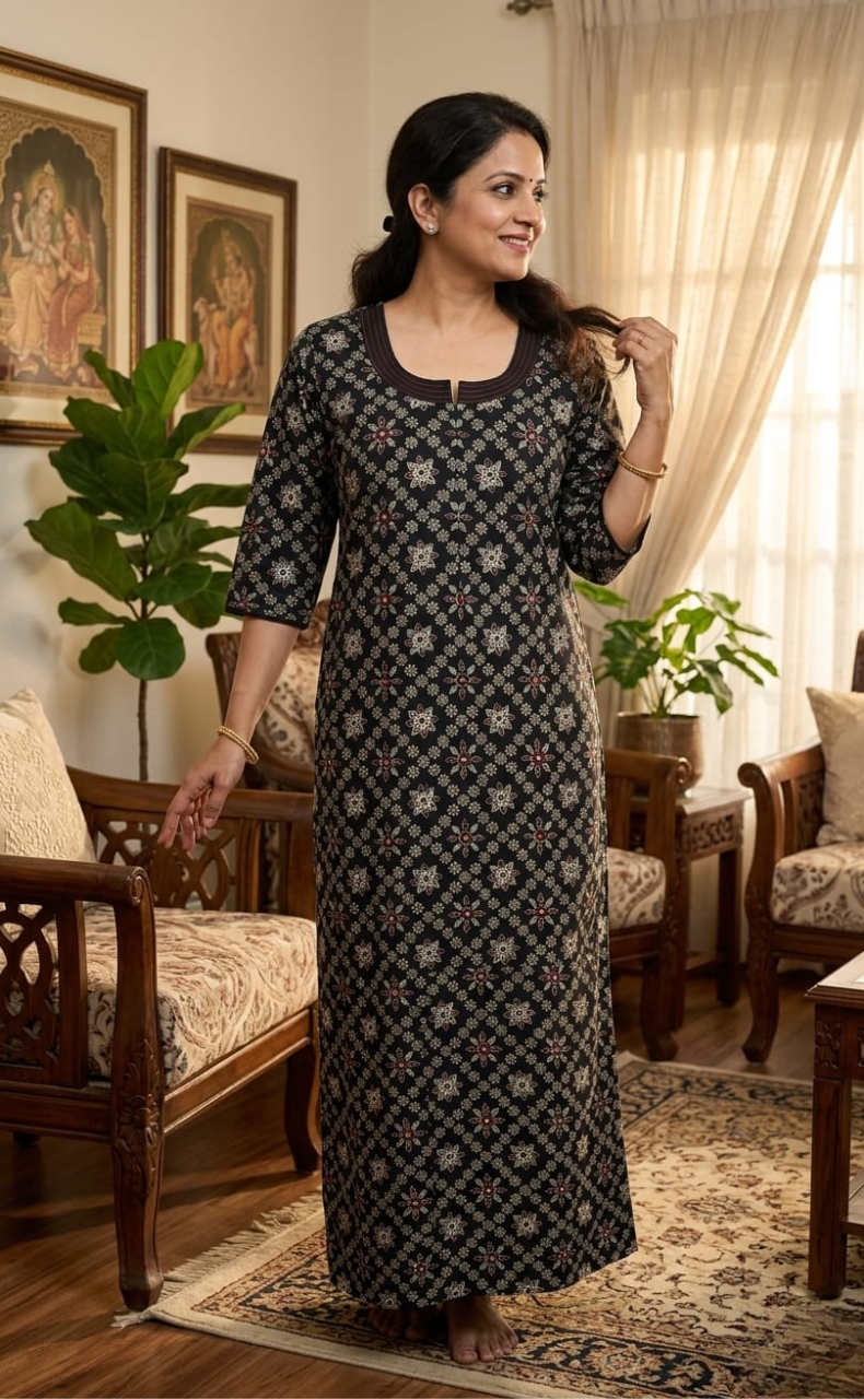 Black Floral Motifs Pure Cotton Long Sleeve Nighty. Pure Durable Cotton | Laces and Frills