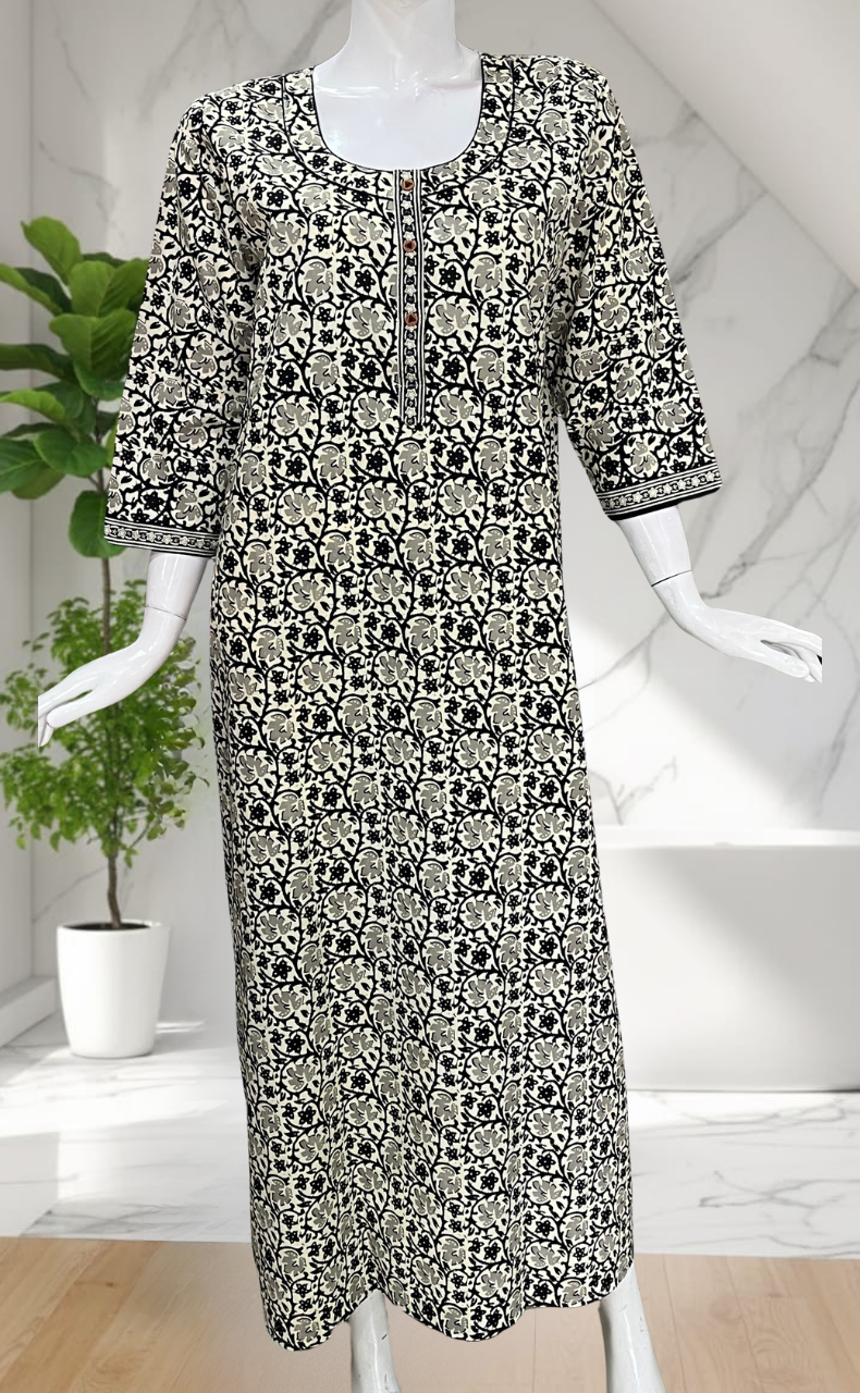 Off White Garden Pure Cotton Long Sleeve Nighty. Pure Durable Cotton | Laces and Frills