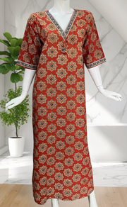 Rust Maroon Geometric Ethnic Print Pure Cotton Long Sleeve Nighty. Pure Durable Cotton | Laces and Frills