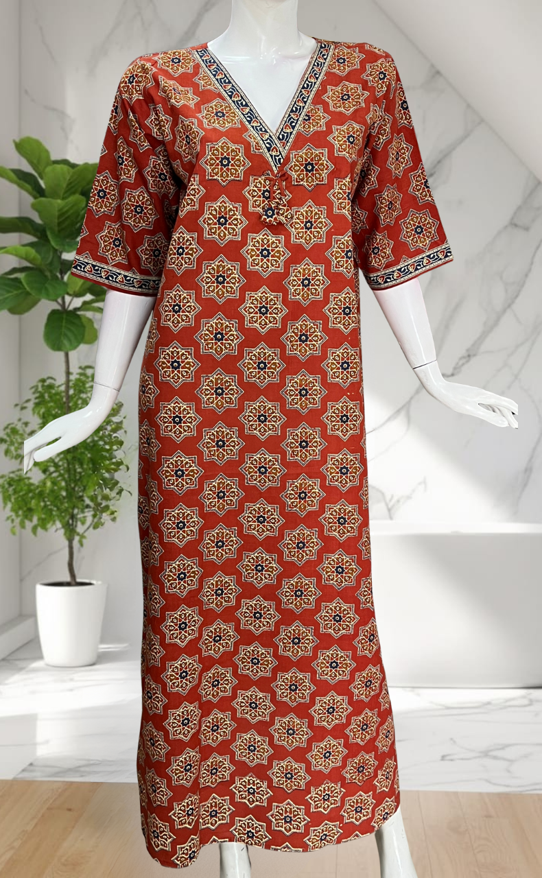 Rust Maroon Geometric Ethnic Print Pure Cotton Long Sleeve Nighty. Pure Durable Cotton | Laces and Frills