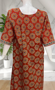 Rust Maroon Geometric Ethnic Print Pure Cotton Long Sleeve Nighty. Pure Durable Cotton | Laces and Frills