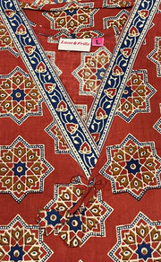 Rust Maroon Geometric Ethnic Print Pure Cotton Long Sleeve Nighty. Pure Durable Cotton | Laces and Frills