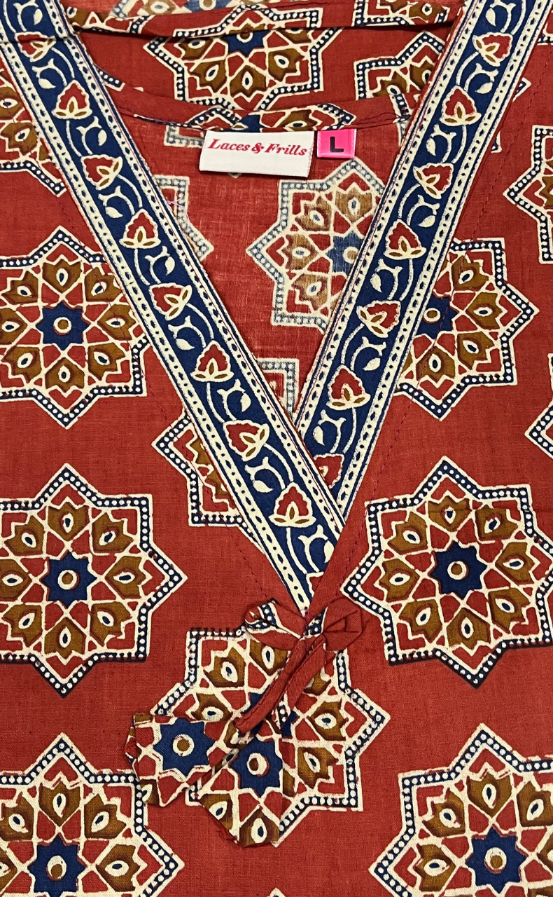Rust Maroon Geometric Ethnic Print Pure Cotton Long Sleeve Nighty. Pure Durable Cotton | Laces and Frills