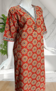 Rust Maroon Geometric Ethnic Print Pure Cotton Long Sleeve Nighty. Pure Durable Cotton | Laces and Frills