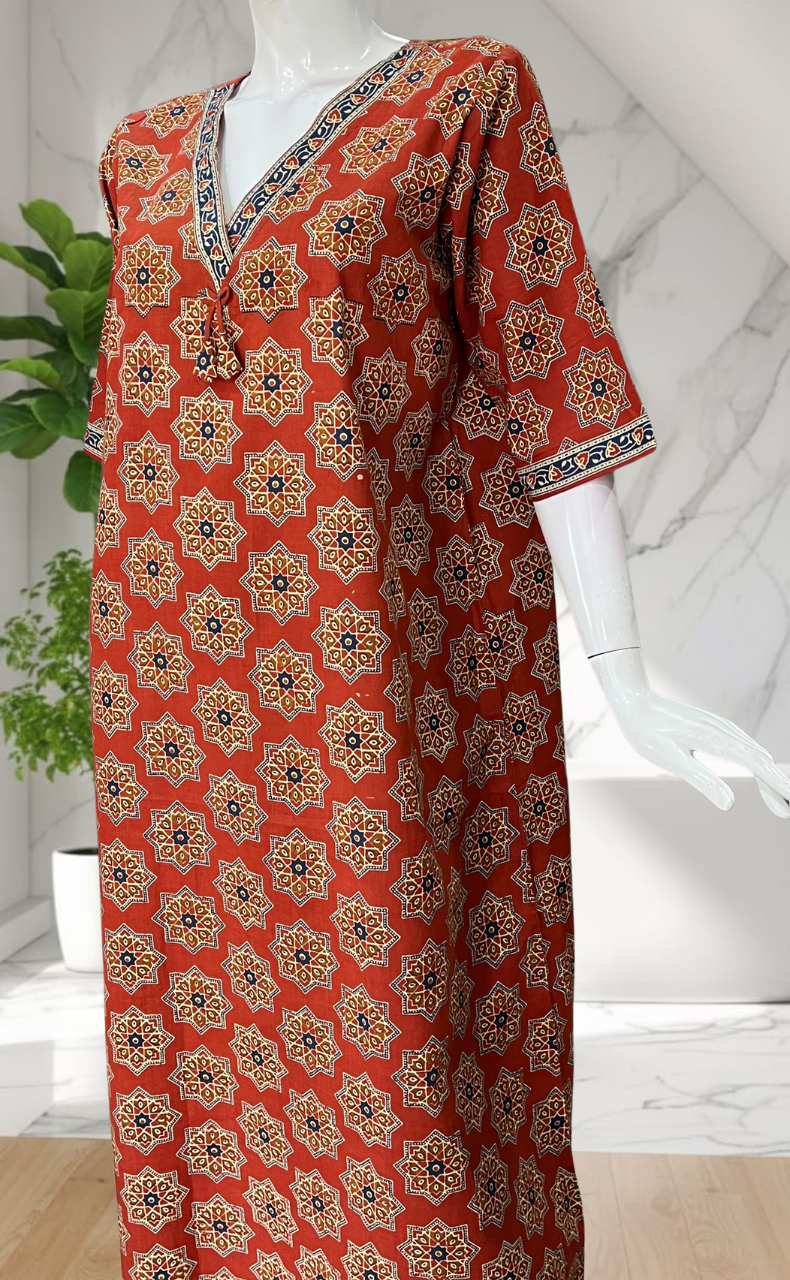 Rust Maroon Geometric Ethnic Print Pure Cotton Long Sleeve Nighty. Pure Durable Cotton | Laces and Frills