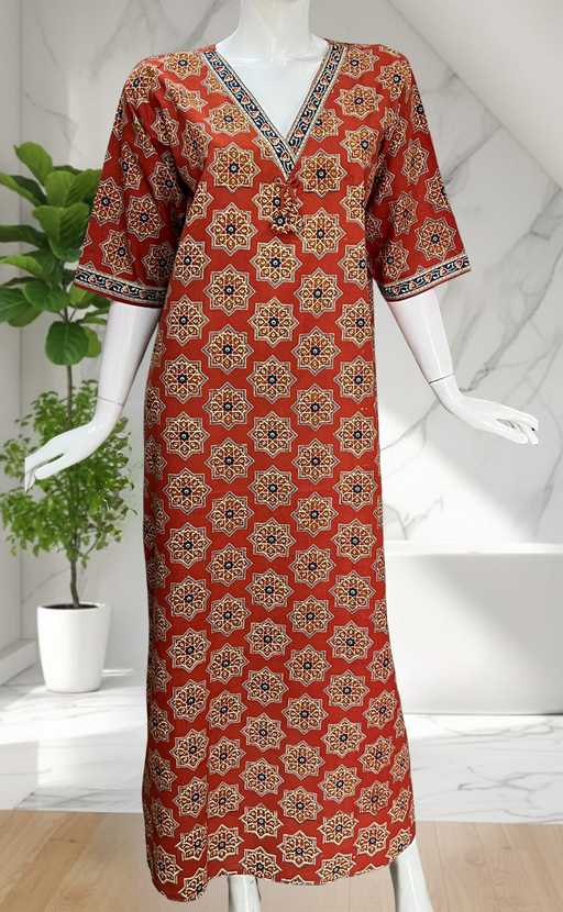 Rust Maroon Geometric Ethnic Print Pure Cotton Long Sleeve Nighty. Pure Durable Cotton | Laces and Frills