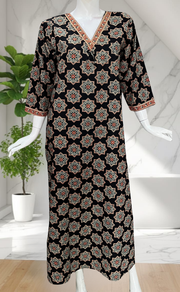 Black Geometric Ethnic Print Pure Cotton Long Sleeve Nighty. Pure Durable Cotton | Laces and Frills