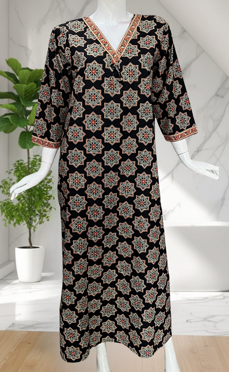 Black Geometric Ethnic Print Pure Cotton Long Sleeve Nighty. Pure Durable Cotton | Laces and Frills