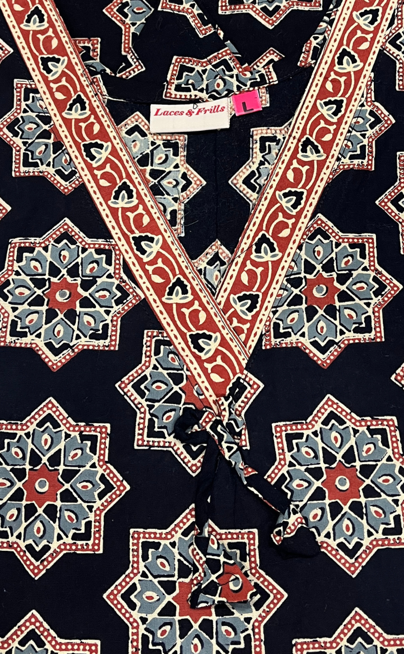Black Geometric Ethnic Print Pure Cotton Long Sleeve Nighty. Pure Durable Cotton | Laces and Frills