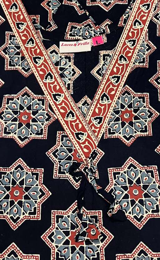 Black Geometric Ethnic Print Pure Cotton Long Sleeve Nighty. Pure Durable Cotton | Laces and Frills