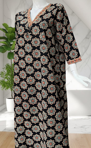 Black Geometric Ethnic Print Pure Cotton Long Sleeve Nighty. Pure Durable Cotton | Laces and Frills