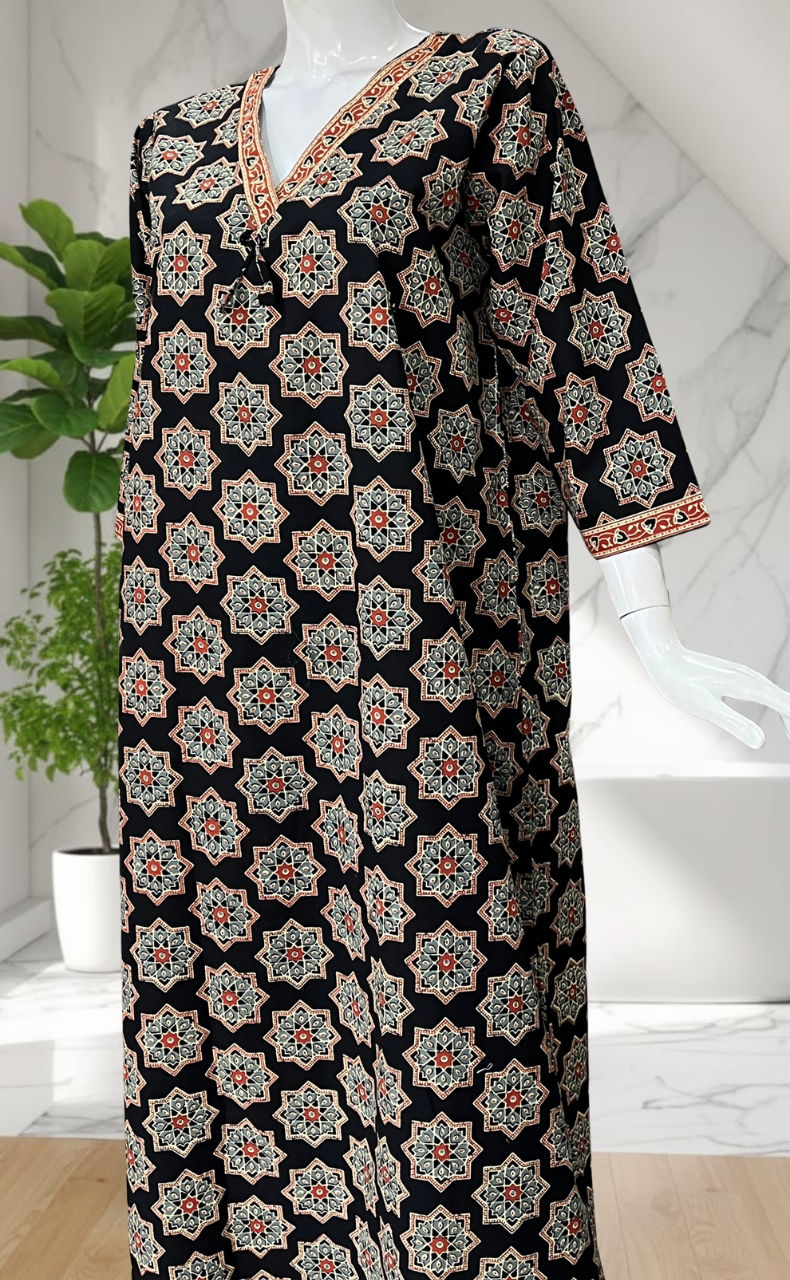 Black Geometric Ethnic Print Pure Cotton Long Sleeve Nighty. Pure Durable Cotton | Laces and Frills