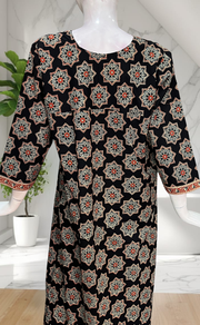 Black Geometric Ethnic Print Pure Cotton Long Sleeve Nighty. Pure Durable Cotton | Laces and Frills