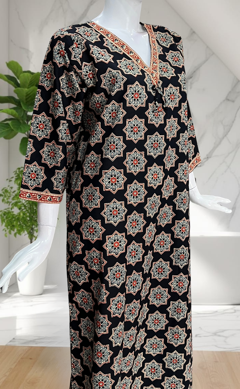 Black Geometric Ethnic Print Pure Cotton Long Sleeve Nighty. Pure Durable Cotton | Laces and Frills