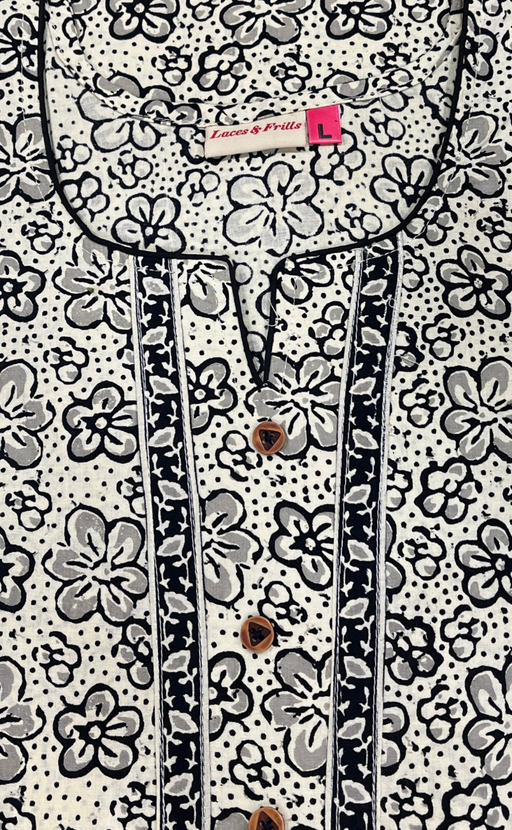 Off White Floral Pure Cotton Long Sleeve Nighty. Pure Durable Cotton | Laces and Frills