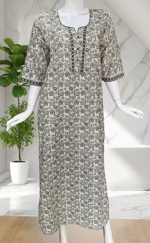 Off White Floral Pure Cotton Long Sleeve Nighty. Pure Durable Cotton | Laces and Frills