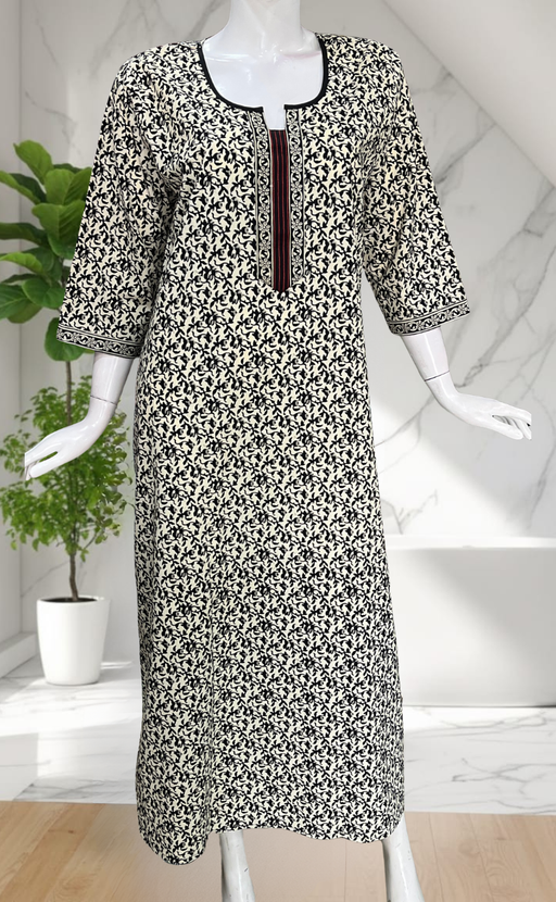 Off White Leafy Pure Cotton Long Sleeve Nighty. Pure Durable Cotton | Laces and Frills