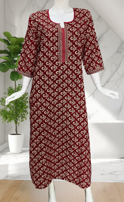 Maroon Leafy Pure Cotton Long Sleeve Nighty. Pure Durable Cotton | Laces and Frills