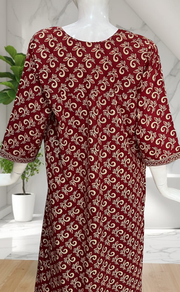 Maroon Leafy Pure Cotton Long Sleeve Nighty. Pure Durable Cotton | Laces and Frills