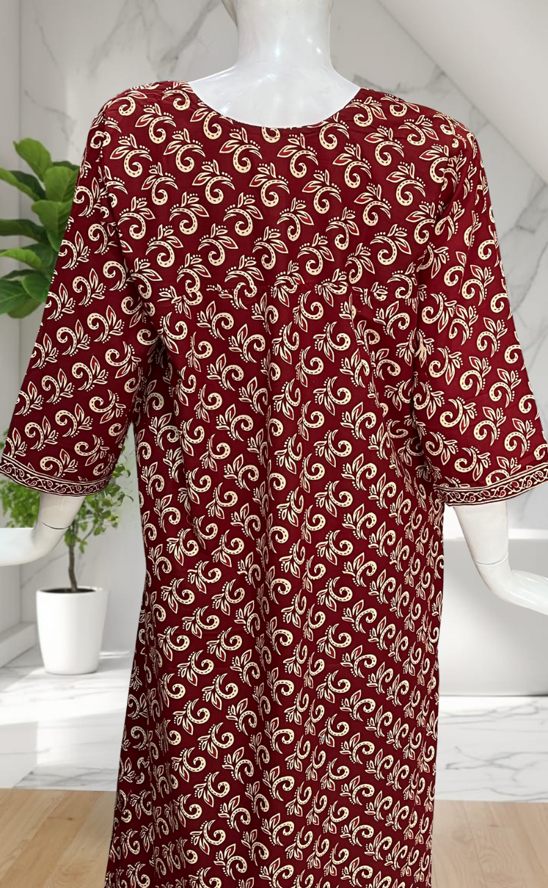 Maroon Leafy Pure Cotton Long Sleeve Nighty. Pure Durable Cotton | Laces and Frills