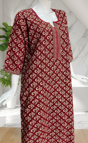Maroon Leafy Pure Cotton Long Sleeve Nighty. Pure Durable Cotton | Laces and Frills