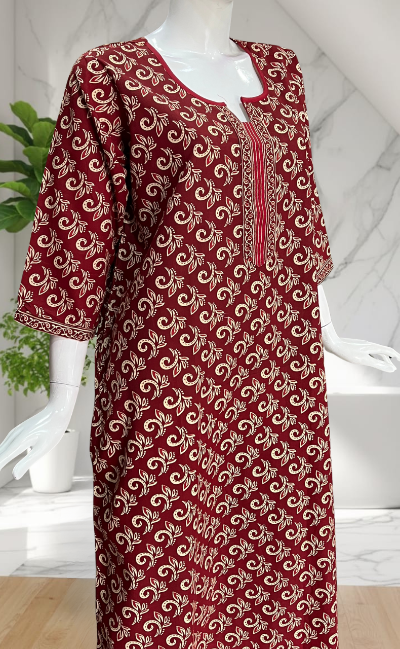Maroon Leafy Pure Cotton Long Sleeve Nighty. Pure Durable Cotton | Laces and Frills