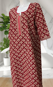 Maroon Leafy Pure Cotton Long Sleeve Nighty. Pure Durable Cotton | Laces and Frills