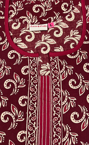 Maroon Leafy Pure Cotton Long Sleeve Nighty. Pure Durable Cotton | Laces and Frills