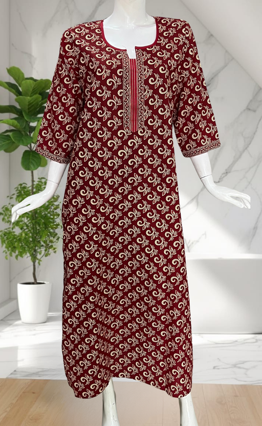 Maroon Leafy Pure Cotton Long Sleeve Nighty. Pure Durable Cotton | Laces and Frills