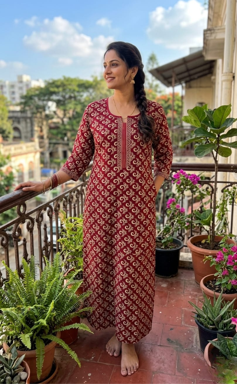 Maroon Leafy Pure Cotton Long Sleeve Nighty. Pure Durable Cotton | Laces and Frills