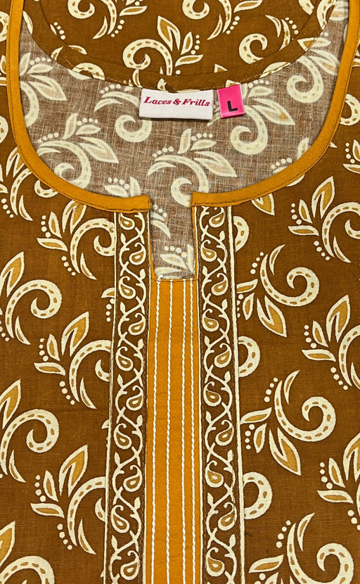 Mustard Leafy Pure Cotton Long Sleeve Nighty. Pure Durable Cotton | Laces and Frills