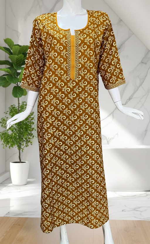 Mustard Leafy Pure Cotton Long Sleeve Nighty. Pure Durable Cotton | Laces and Frills