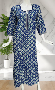 Blue Leafy Pure Cotton Long Sleeve Nighty. Pure Durable Cotton | Laces and Frills