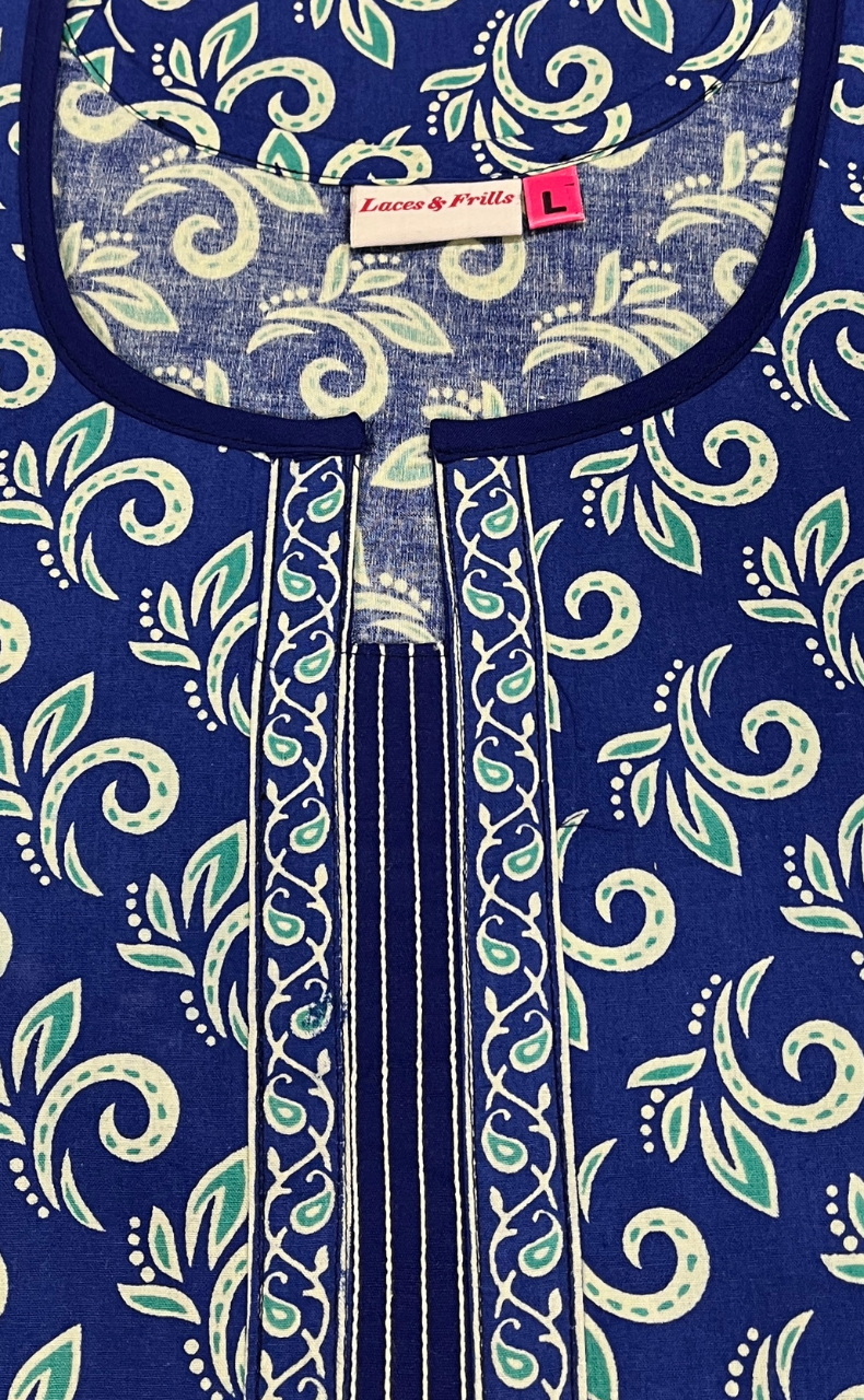 Blue Leafy Pure Cotton Long Sleeve Nighty. Pure Durable Cotton | Laces and Frills