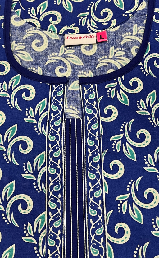 Blue Leafy Pure Cotton Long Sleeve Nighty. Pure Durable Cotton | Laces and Frills
