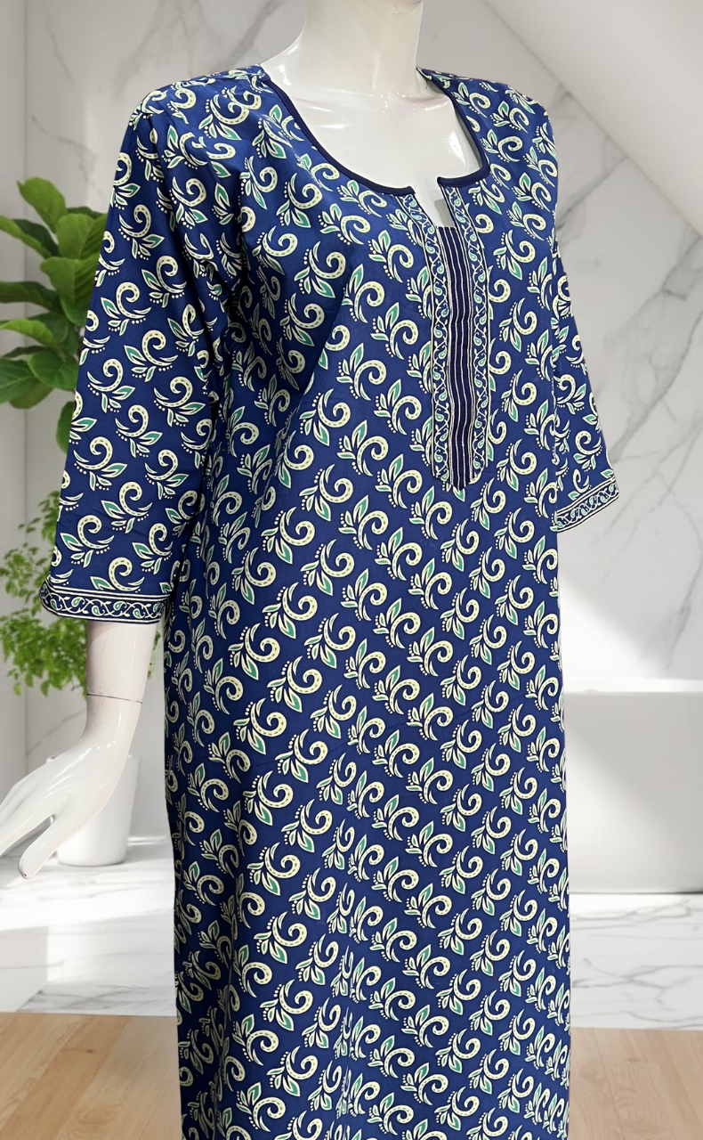 Blue Leafy Pure Cotton Long Sleeve Nighty. Pure Durable Cotton | Laces and Frills
