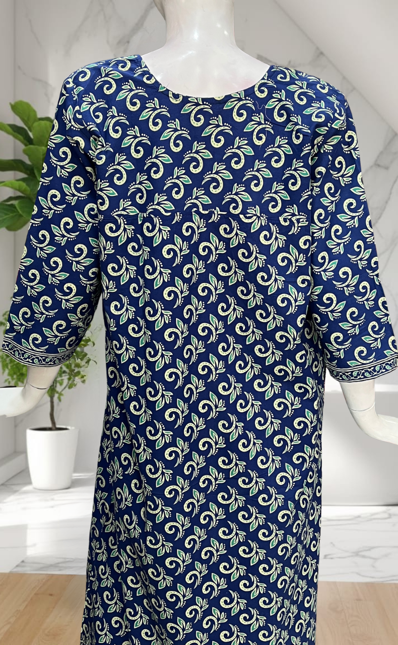 Blue Leafy Pure Cotton Long Sleeve Nighty. Pure Durable Cotton | Laces and Frills