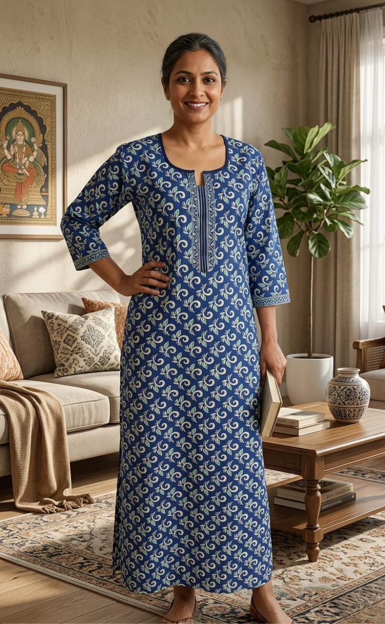 Blue Leafy Pure Cotton Long Sleeve Nighty. Pure Durable Cotton | Laces and Frills