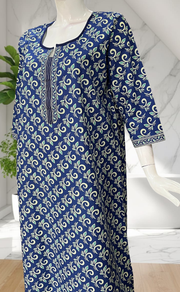 Blue Leafy Pure Cotton Long Sleeve Nighty. Pure Durable Cotton | Laces and Frills