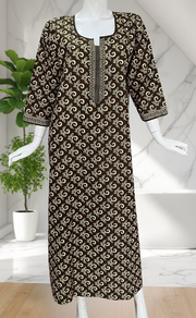 Mehndi Green Leafy Pure Cotton Long Sleeve Nighty. Pure Durable Cotton | Laces and Frills