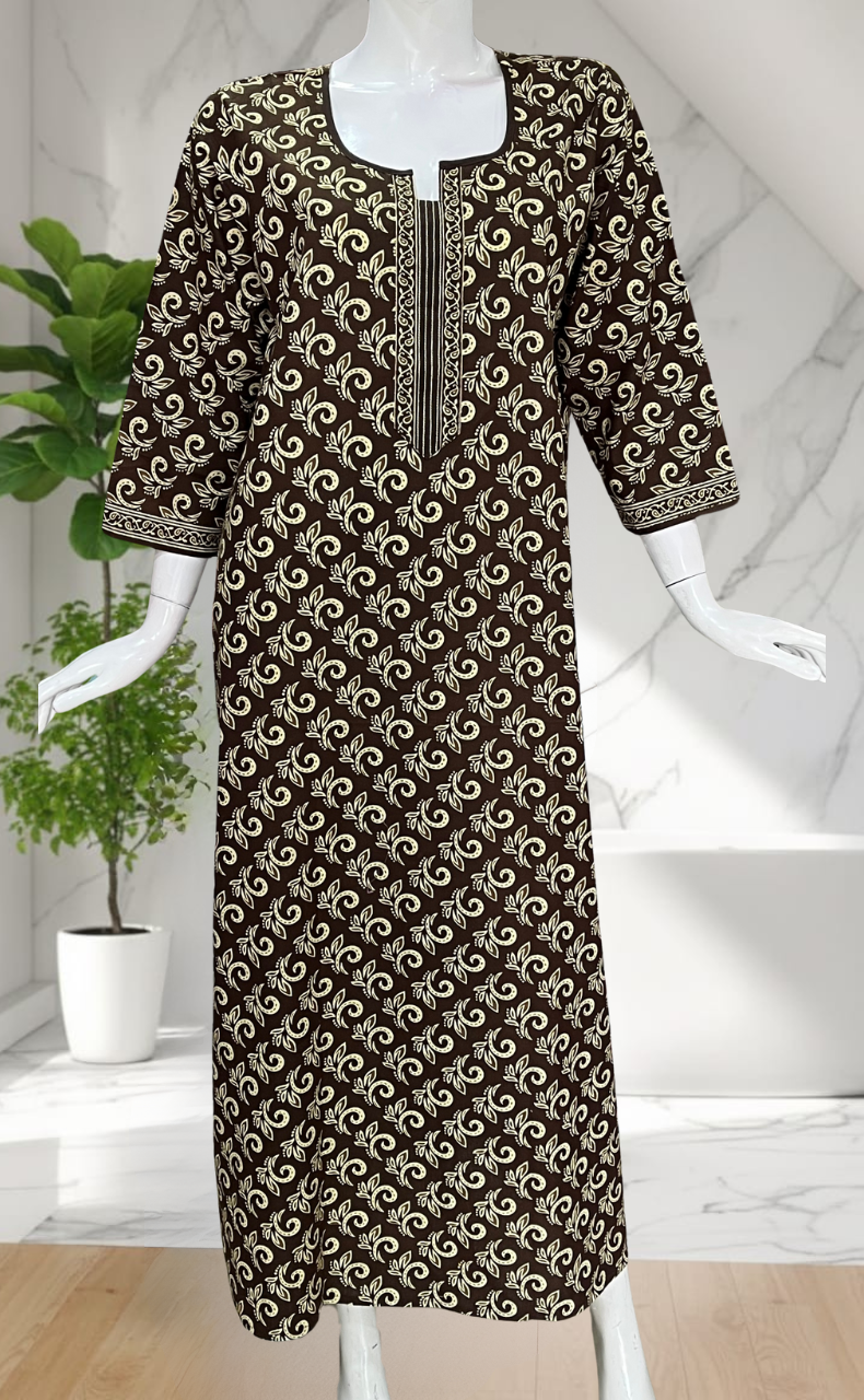 Mehndi Green Leafy Pure Cotton Long Sleeve Nighty. Pure Durable Cotton | Laces and Frills