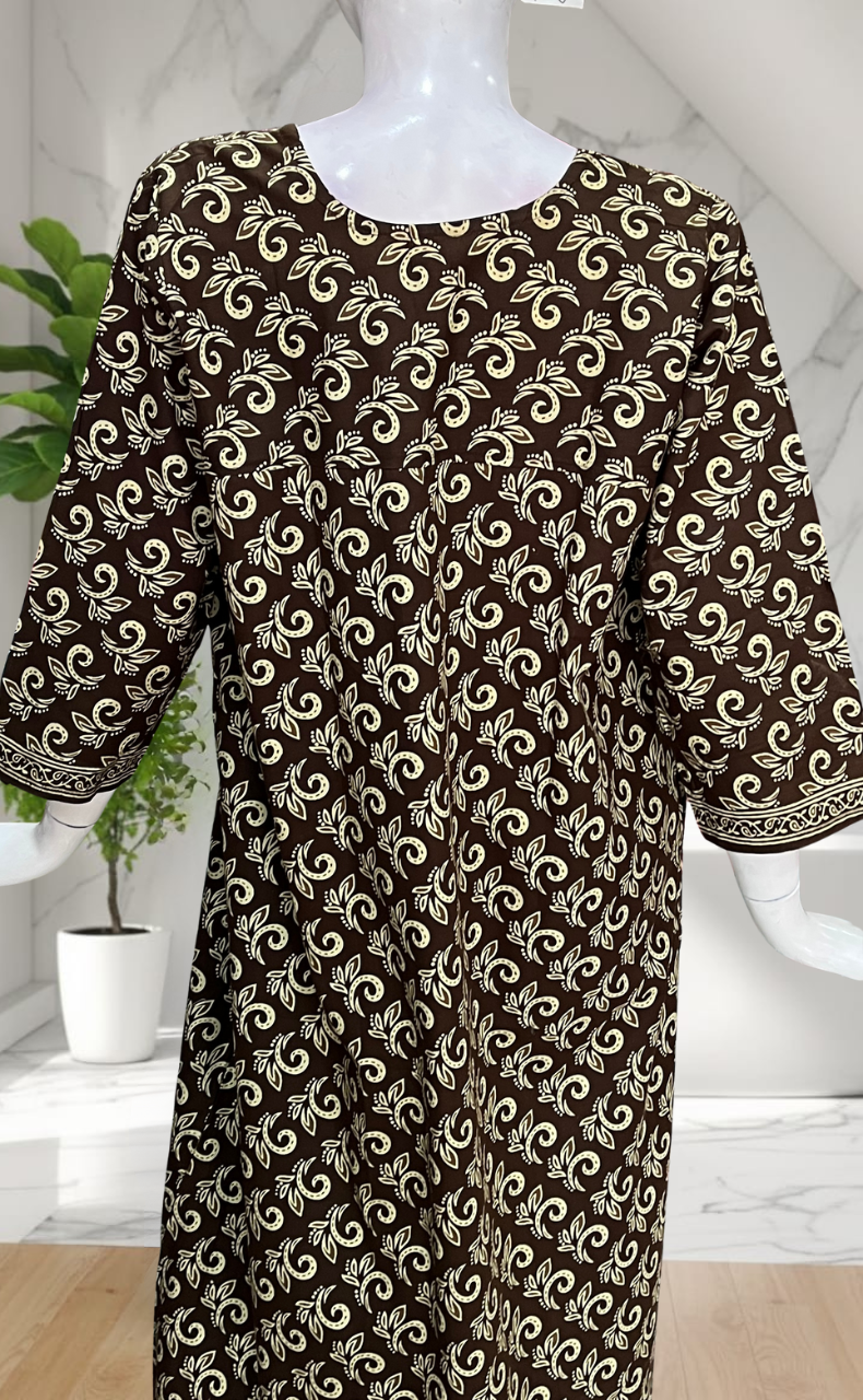 Mehndi Green Leafy Pure Cotton Long Sleeve Nighty. Pure Durable Cotton | Laces and Frills