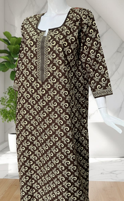 Mehndi Green Leafy Pure Cotton Long Sleeve Nighty. Pure Durable Cotton | Laces and Frills