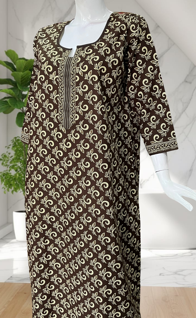 Mehndi Green Leafy Pure Cotton Long Sleeve Nighty. Pure Durable Cotton | Laces and Frills