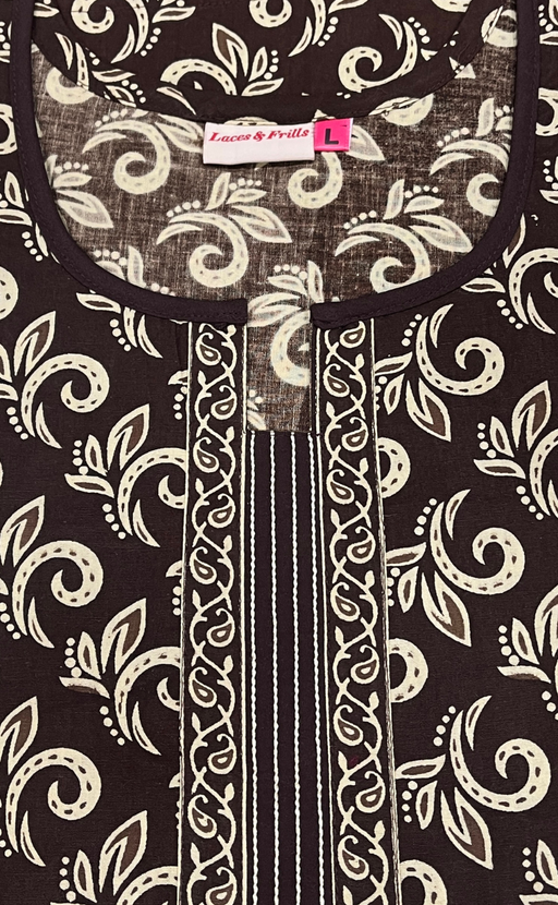 Mehndi Green Leafy Pure Cotton Long Sleeve Nighty. Pure Durable Cotton | Laces and Frills